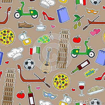 Seamless illustration on the theme of journey in the country of Italy, simple colored icons patches on a brown background Vector Illustration