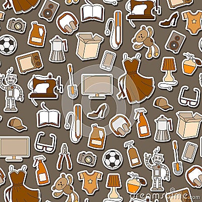 Seamless illustration on a theme of products and shopping, simple sticker icons, monochrome patches icons on a brown background Vector Illustration