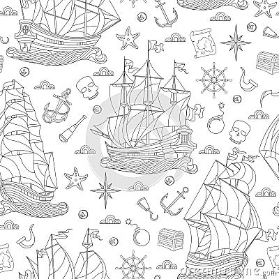 Seamless illustration on the theme of sea travel, sailboats and ship`s tackle, dark contour on white background Vector Illustration