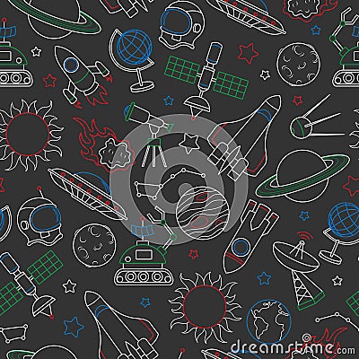 Seamless illustration on the theme of space and space flight, icons drawn with colored chalk on dark school Board background Vector Illustration