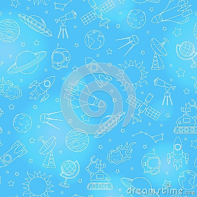 Seamless illustration on the theme of space and space flight, the white contour icons on blue background Vector Illustration