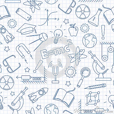 Seamless illustration on the theme of the subject of physics education, blue contour icons on the clean writing-book sheet in a Vector Illustration