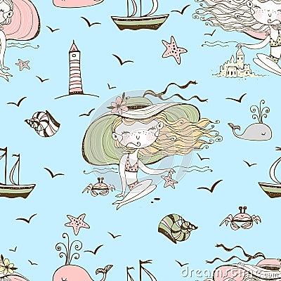 Seamless pattern on the theme of summer and the sea with cute girls on the beach. Vector Vector Illustration