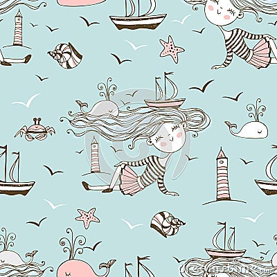 Seamless pattern on the theme of summer and the sea with cute girls on the beach. Vector Vector Illustration