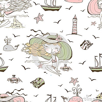 Seamless pattern on the theme of summer and the sea with cute girls on the beach. Vector Vector Illustration