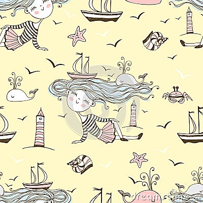 Seamless pattern on the theme of summer and the sea with cute girls on the beach. Vector Vector Illustration