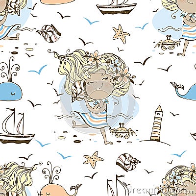 Seamless pattern on the theme of summer and the sea with cute girls on the beach. Vector Vector Illustration