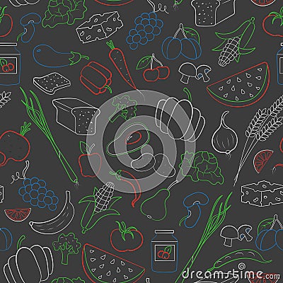 Seamless illustration on the theme of vegetarianism, grocery icons, simple contour icons are drawn with colored chalks on the dark Vector Illustration