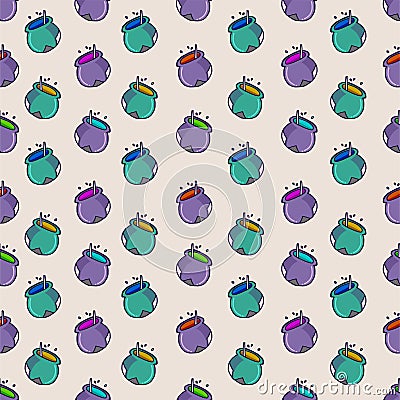 Seamless pattern with thin outline magic cauldron pot, isolated on violet background. hand drawn vector. modern scribble for wallp Vector Illustration
