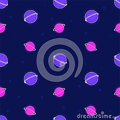 Seamless pattern with thin white outline planet icon and star isolated on blue background. Vector Illustration