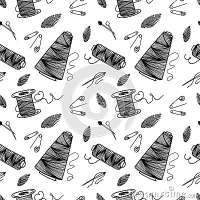 Seamless pattern of thread, needles and pins, hand-drawn doodle elements in sketch style. Sewing thread, needle, pins Vector Illustration