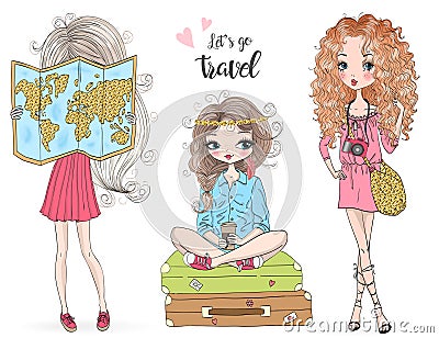 Seamless pattern with three hand drawn beautiful cute travel girls. Vector Illustration