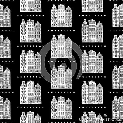 Seamless pattern of three houses of the Damrak Avenue, Amsterdam, Netherlands. Vector illustration. Vector Illustration