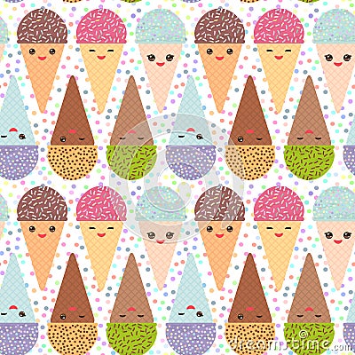 Seamless pattern with three Kawaii mint raspberry chocolate Ice cream waffle cone funny muzzle with pink cheeks and winking eyes, Vector Illustration