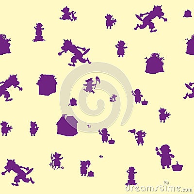 Seamless pattern, three pigs and a wolf, purple character on a beige background Vector Illustration