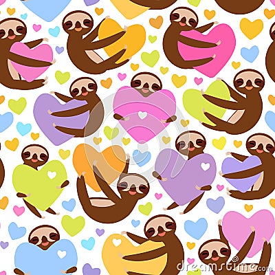 Seamless pattern Three-toed sloth holding red pink, yellow, lilac, orange, blue heart, isolated on white background. Valentine`s Vector Illustration