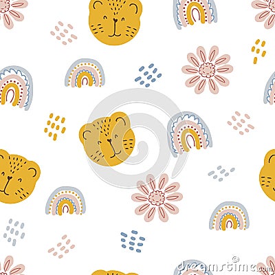 Seamless pattern of tiger muzzles, rainbows and flowers in pastel color Vector Illustration