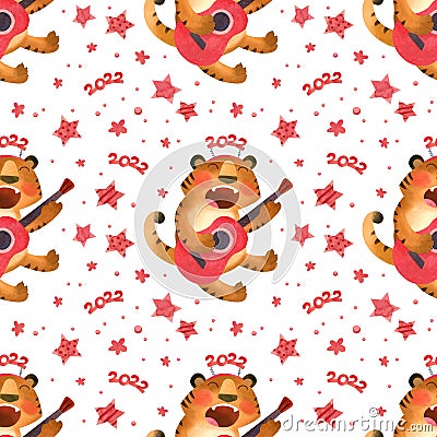 Seamless pattern with Tiger plays the guitar and sings. The symbol of the new year 2022 Stock Photo