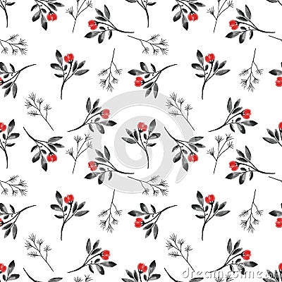 Seamless pattern with tiny flower branches with leaves in watercolor style on white background Vector Illustration