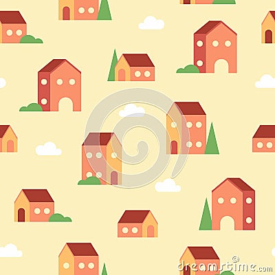 Seamless pattern of tiny geometric houses, clouds and trees in warm colors Vector Illustration