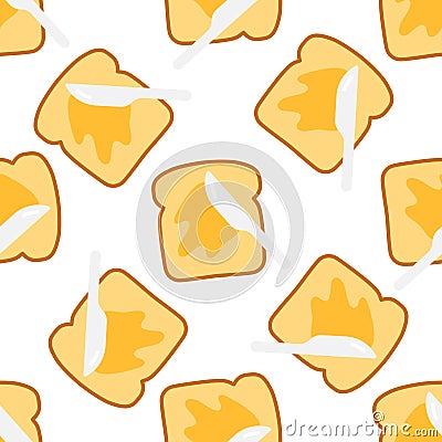 Seamless pattern toast with butter and knife. Toast, peanut butter isolated on a white background Vector Illustration