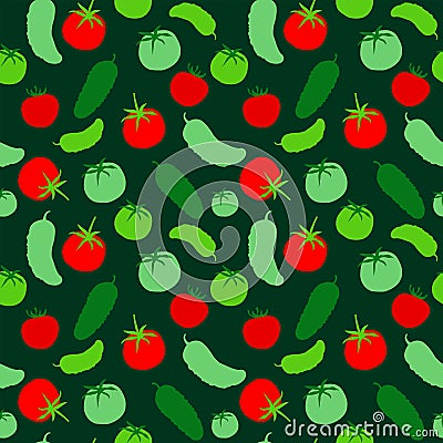 Seamless pattern with tomato and cucumber on a green background Vector Illustration