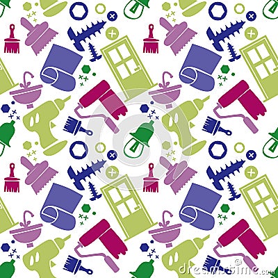 Seamless pattern with tools, carpentry tools, repair tools, construction. Colored icons, white background Stock Photo