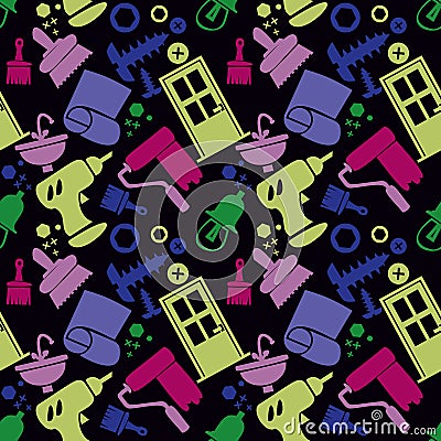 Seamless pattern with tools, carpentry tools, repair tools, construction. Colored icons, black background Stock Photo