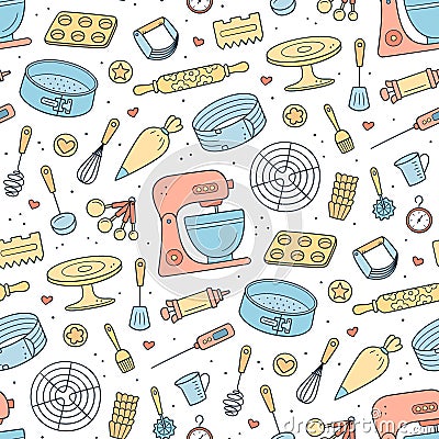 Seamless pattern with tools for making cakes, cookies and pastries. Doodle confectionery tools - stationary dough mixer Vector Illustration