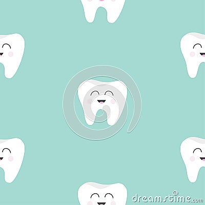 Seamless Pattern Tooth health. Cute funny cartoon smiling character. Oral dental hygiene. Children teeth care. Baby texture. Flat Vector Illustration