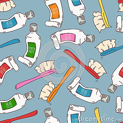 Seamless pattern with tooth paste and brushes Vector Illustration