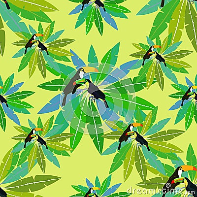 Seamless pattern Toucan exotic bird on palm Vector Vector Illustration