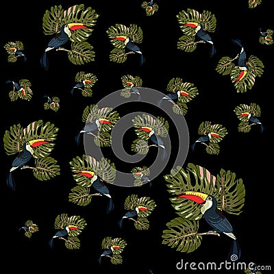 Seamless pattern toucan and palm branches. Beautiful drawings. art print Vector Illustration