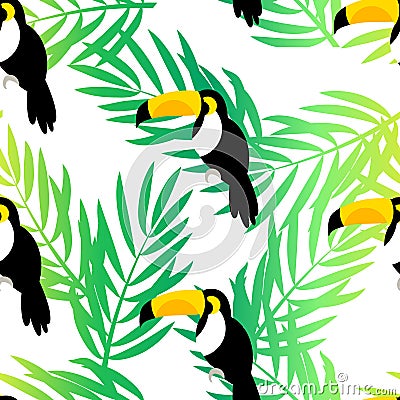Seamless pattern with toucan and palm branches on white background. Vector summer background Vector Illustration