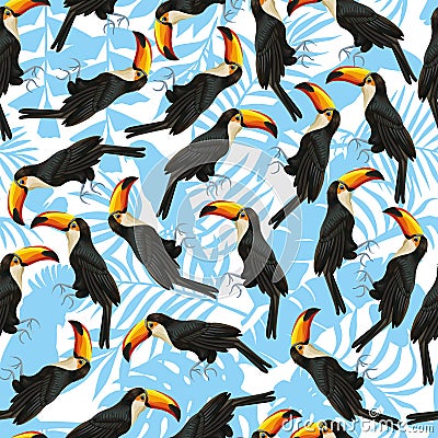Seamless pattern toucan white blue background Vector Illustration