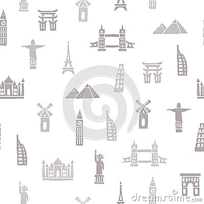 Seamless pattern with tourist attractions, illustration architectural monuments and famous places Cartoon Illustration