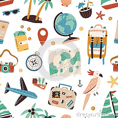 Seamless pattern with touristic items like passport, backpack, globe, cocktail, airplane, palm trees and map. Endless Vector Illustration