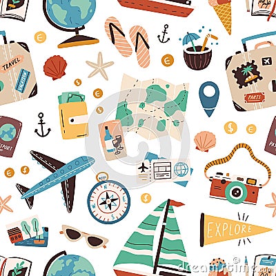 Seamless pattern with touristic stuff like passport, suitcase, globe, compass, plane and map. Endless texture about Vector Illustration