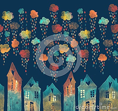 Seamless pattern with a town under the rainy clouds. Stock Photo