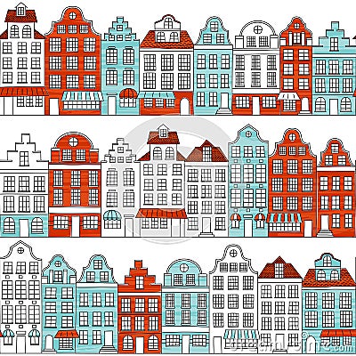 Seamless pattern with townhouses in european style. Retro color. Vector Illustration