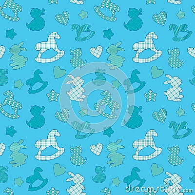 Seamless pattern with toys - horse, rabbit, duck, heart, star. Vector Illustration