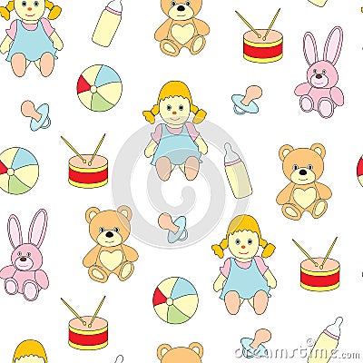 Seamless pattern from toys for kids. A vector picture with a ball, a doll, a baby`s dummy, a hare, a bear. Vector Illustration