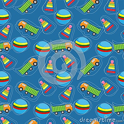 seamless pattern with toys - truck, ball, pyramid. vector graphics for fabric, wrapping paper, banner. Stock Photo