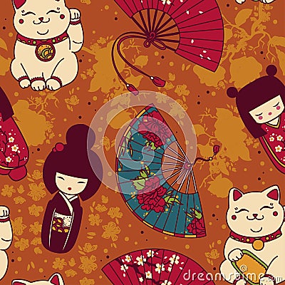 Seamless pattern with traditional asian souvenirs^ hand paper fans, kokeshi dolls, maneki neko and sakura flowers Vector Illustration