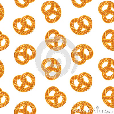 Seamless pattern with traditional german salty pretzel. Twisted bread with salt. Vector seamless pattern. Vector Illustration