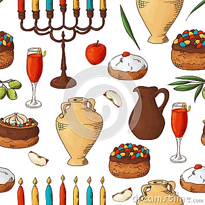 Seamless pattern with traditional hand drawn elements. Happy Hanukkah sketch objects. Vector illustartion Vector Illustration