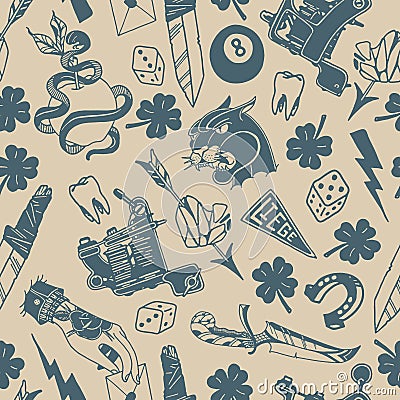 Seamless pattern with traditional tattoo designs: dice, clover, knife, lightning bolt, panther, tattoo machine, tooth, snake, hors Vector Illustration