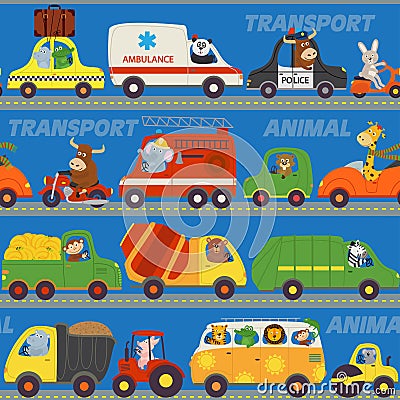 Seamless pattern transports with animals on road Vector Illustration