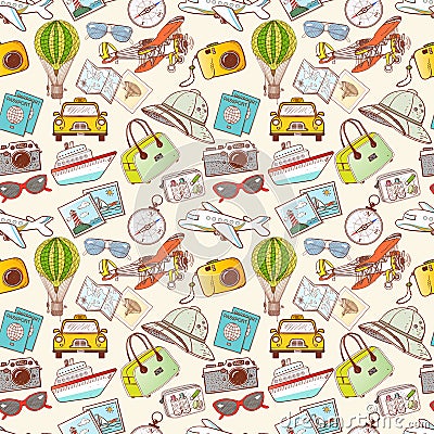 Seamless pattern with travel doodles. Can be used for wallpaper, pattern fills, textile, web page background, surface Stock Photo