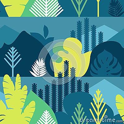 Seamless pattern. Trees are broad-leaved tropical, ferns. Mountain landscape. Flat style. Preservation of the environment, forests Vector Illustration